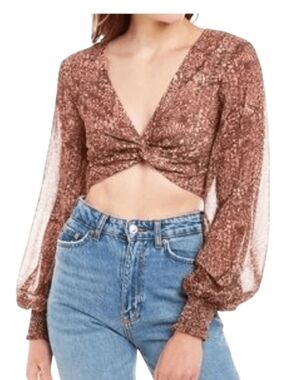 Finders Keepers Malena Twist Front Crop Top Brown Print Balloon Sleeve XL  US10